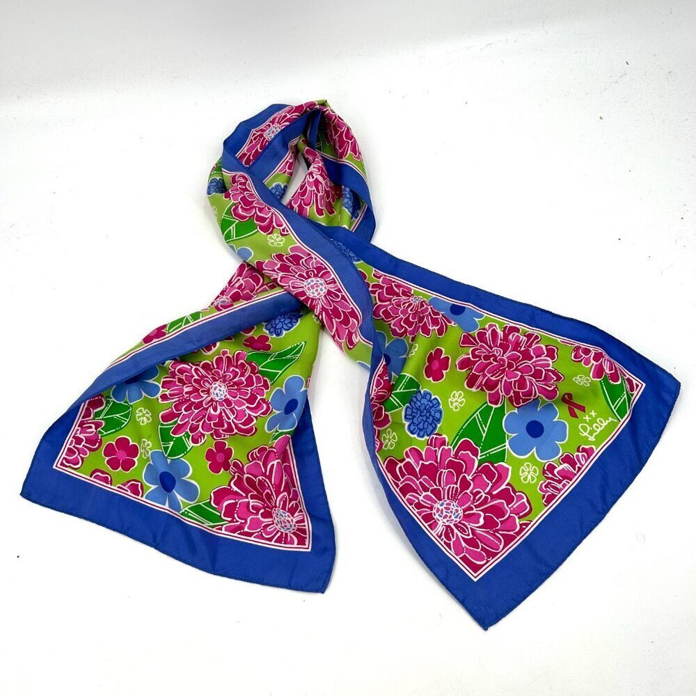 LILLY PULITZER *Flawed* Pink Blue Green Silk Floral Print Breast Cancer Scarf